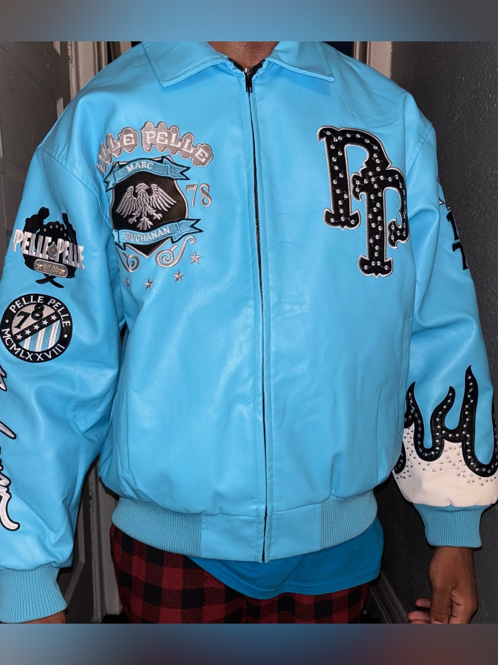Pelle Pelle Light Blue Leather Bomber Jacket with Black & White Accents